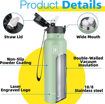 Han's Bottle Sports Water Bottle - 24 Oz, Straw Lid, Leak Proof, Vacuum Insulated Stainless Steel, Double Walled, Thermo Mug,Black