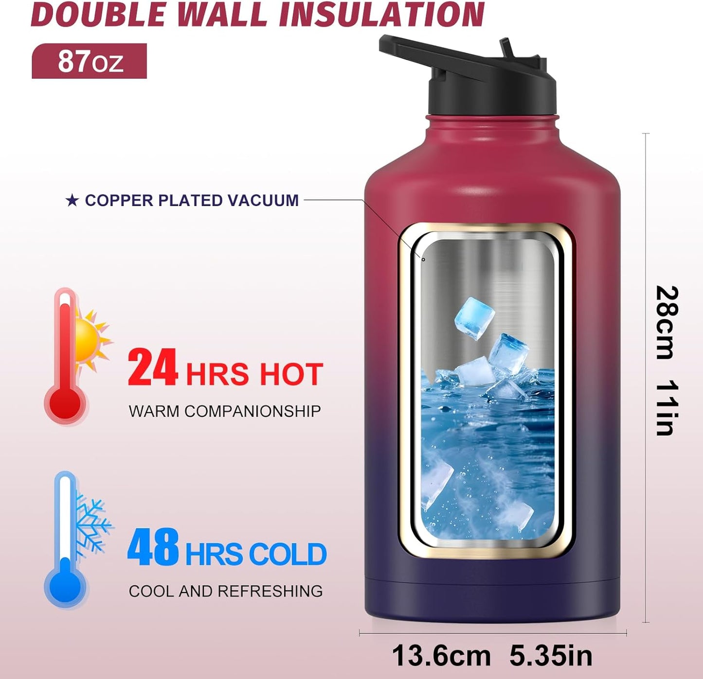40oz Insulated Water Bottle (Cold for 48 Hrs),BPA Free&Leak Proof,Stainless Steel Water Flask,Water Jug with Straw Spout Lids for Gym,Hiking,Travel,Black Blue