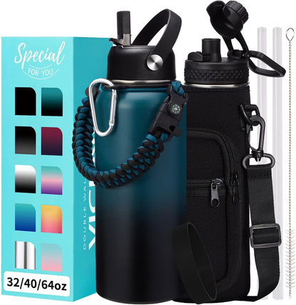 32/40/64OZ Insulated Water Bottle - Keep Cold 48H Hot 24H, Combo Straw/Spout Lids, Paracord Handle for Gym/Hiking, Carrier Bag +Strap, Cup Mat, BPA-Free Stainless Steel Flask Jug