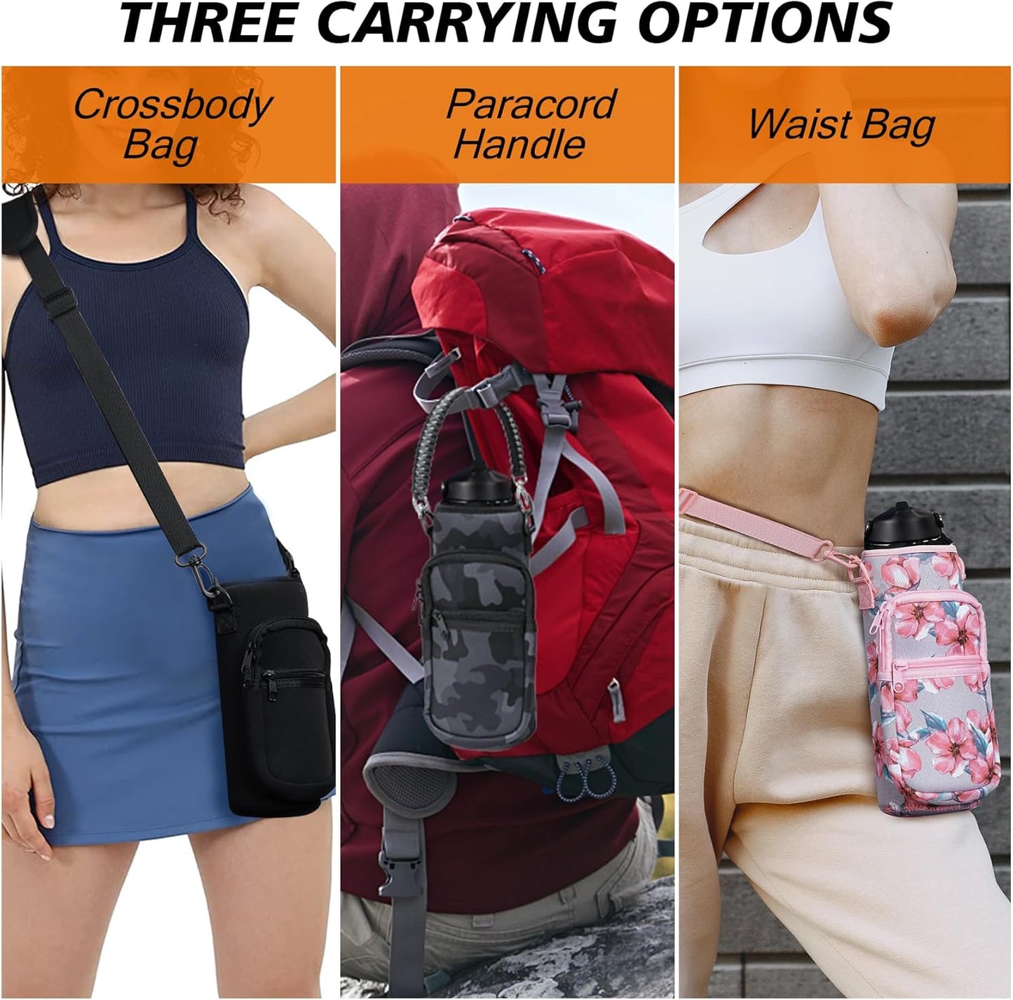 AceTreker 32/40/64/128 oz Neoprene Insulated Water Bottle Carrier Bag, Sling Bag Sleeve Pouch Holder with Strap & Paracord Handle and 2 Pocket for Travelling, Hiking, Camping