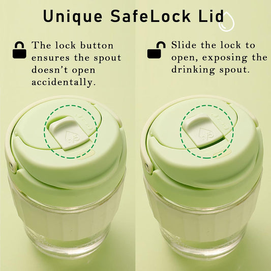 Leak-proof Glass Coffee Mug with Lock Lid, 17oz Reusable Coffee Cup with Stainless Steel Filter, Travel Tea and Fruit Infuser with Handle, BPA-free Dishwasher Safe (Forest Green)