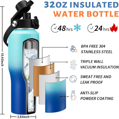 Insulated Water Bottle 40 oz - Fits in any Car Cup Holder, Keep Cold 48H Hot 24H, Stainless Steel Waterbottle Double Wall Flask with Straw, Pop-up Spout Lid, Paracord Handle, Carrier Bag