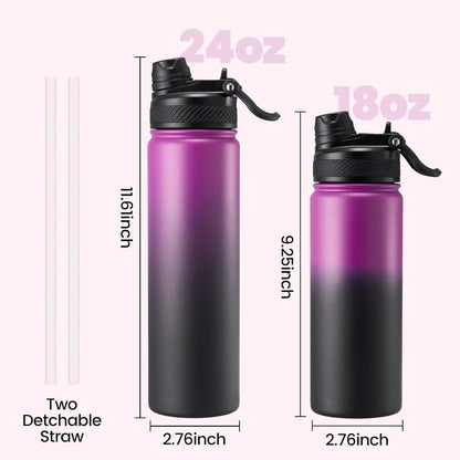 Fijinhom 18 oz Insulated Water Bottle, 2-in-1 Straw and Spout Lid Stainless Steel Thermos, Leak-Proof, Double Wall Vacuum Flask, Keep Cold 24H for Outdoor, Sports, Travel, School (Black)