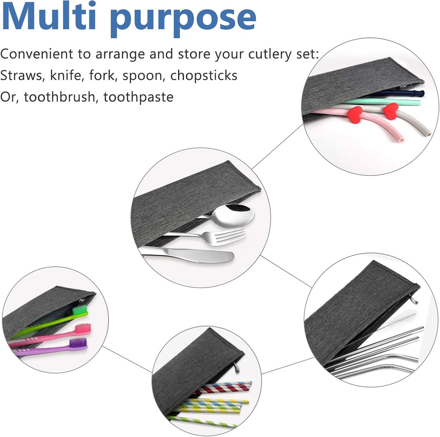 Aosbos Reusable Straws & Chopsticks Case, Portable Carrying Bag, Small Pouch for Stainless Steel, Silicone, Plastic, Straws, Travel Utensil Sets - Grey