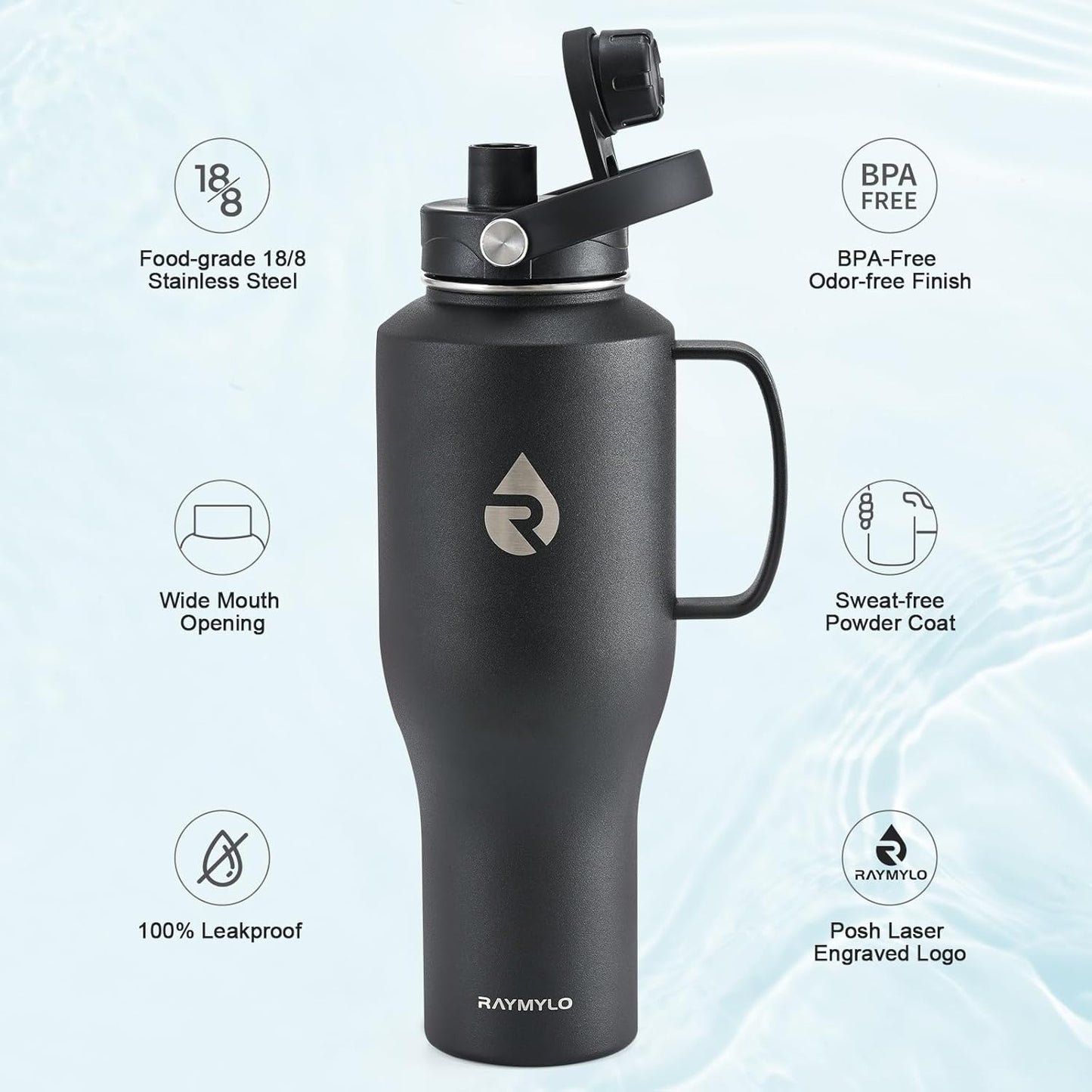 RAYMYLO 40 oz Insulated Water Bottle with Straw fit in Car Cup Holder, Triple Wall Vacuum Stainless Steel(Cold 48 hrs, Hot 24 hrs), Leakproof & Non-BPA, Hydro Travel Flask with Straw and Spout Lid