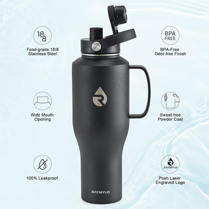 RAYMYLO 40 oz Insulated Water Bottle with Straw fit in Car Cup Holder, Triple Wall Vacuum Stainless Steel(Cold 48 hrs, Hot 24 hrs), Leakproof & Non-BPA, Hydro Travel Flask with Straw and Spout Lid