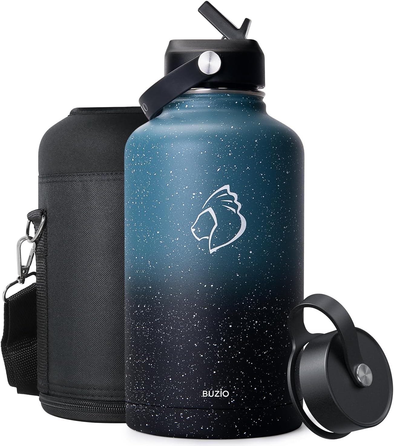 BUZIO 40oz Insulated Water Bottle, Triple Wall Vacuum Stainless Steel Water Flask with 2 lids, Lead-Free BPA-Free Straw Lid Sports Canteen Jug, Cold 48H & Hot 24H- Black - Colors A