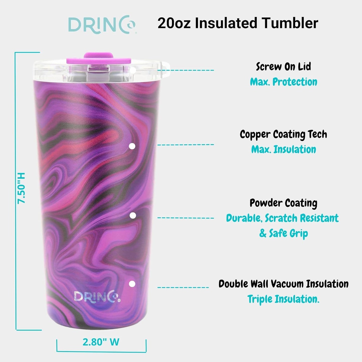 Drinco - 20 oz Stainless Steel Tumbler | Double Walled Vacuum Insulated Mug With Lid, 2 Straws, For Hot & Cold Drinks (20oz Dragonfly)
