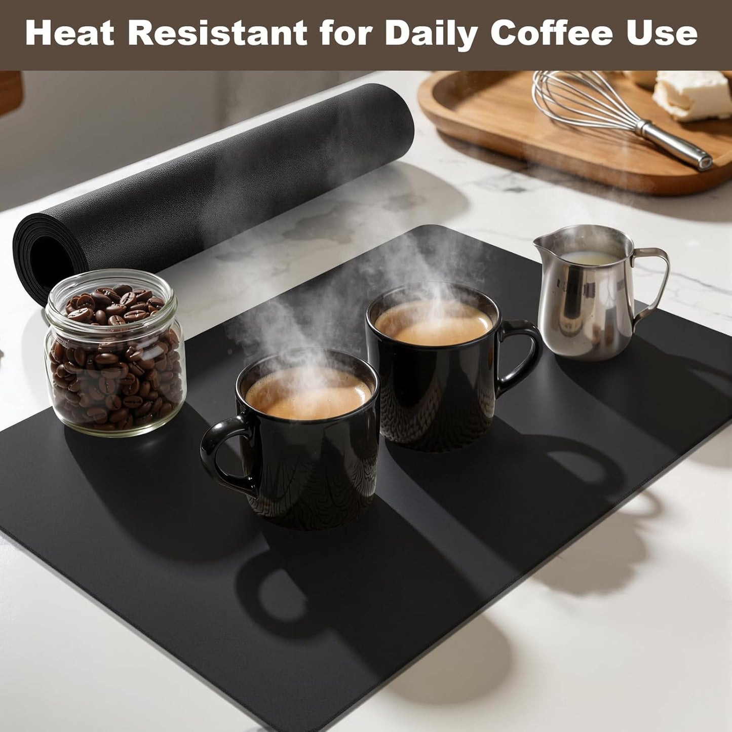 Coffee Mat,Absorbent Dish Drying Mat for Kitchen Counter,Coffee Bar Mat,Non-Slip Rubber Backed,Hide Stains & Quick Dry,for Espresso Machine,Coffee Station,Cups & Sink,12" x 20"(Black)
