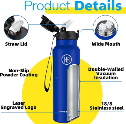 Han's Bottle Sports Water Bottle - 24 Oz, Straw Lid, Leak Proof, Vacuum Insulated Stainless Steel, Double Walled, Thermo Mug,Black