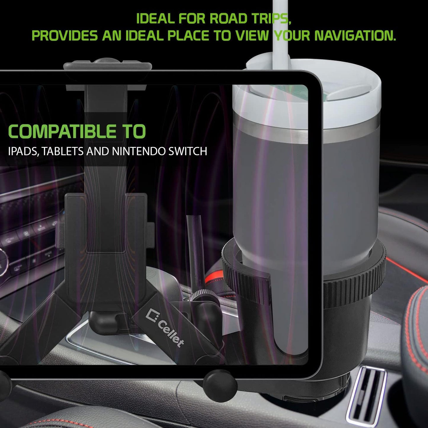 Cellet Cup Holder Tray for Car with Phone Mount – Expandable Base, 360° Rotation Food & Drink Tray with Non-Slip Surface, Adjustable Arm for Eating in Vehicle – Fits Most Standard Car Cup Holders