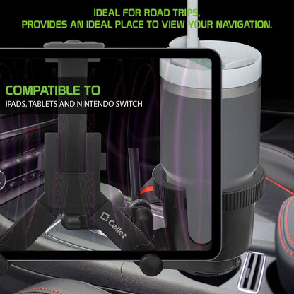 Cellet Cup Holder Tray for Car with Phone Mount – Expandable Base, 360° Rotation Food & Drink Tray with Non-Slip Surface, Adjustable Arm for Eating in Vehicle – Fits Most Standard Car Cup Holders