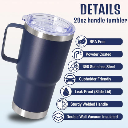 20 oz Tumbler with Handle and Lid, Stainless Steel Tumbler Insulated Travel Coffee Mug, Spill Proof Double Wall Vacuum Tumbler Cup Keep Drink Hot & Cold,White, 1 Pack
