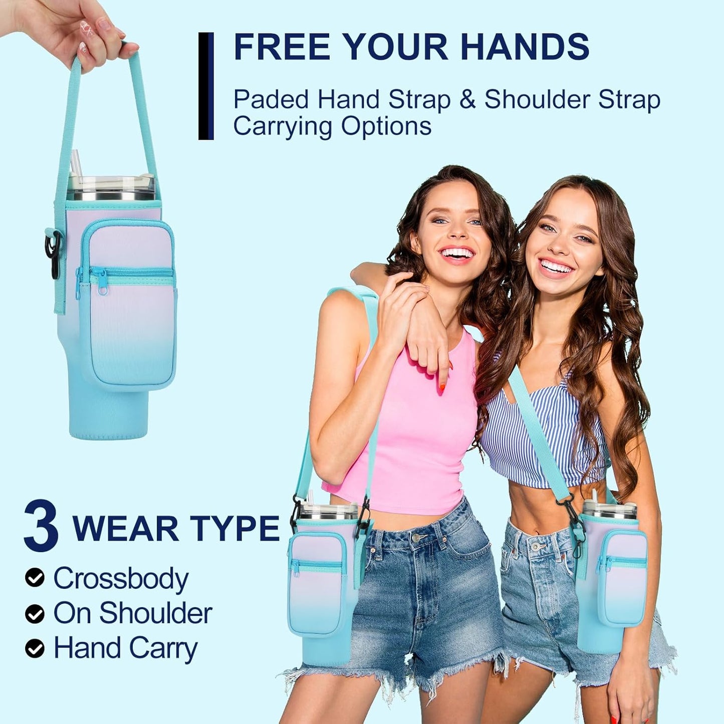 GOEWY Water Bottle Carrier Bag for Stanley 40/30 oz Tumbler with Phone Pocket Neoprene Water Bottle Holder with Shoulder & Handheld Strap Stanley Cup Accessories