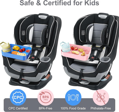 Car Seat Snack Tray for Toddlers - 3 Inch Cup Holder Fits Most Sippy Cups & Straw Bottles with Dip Well, Mess-Free Square Kids Travel Tray Road Trip Essentials, Black