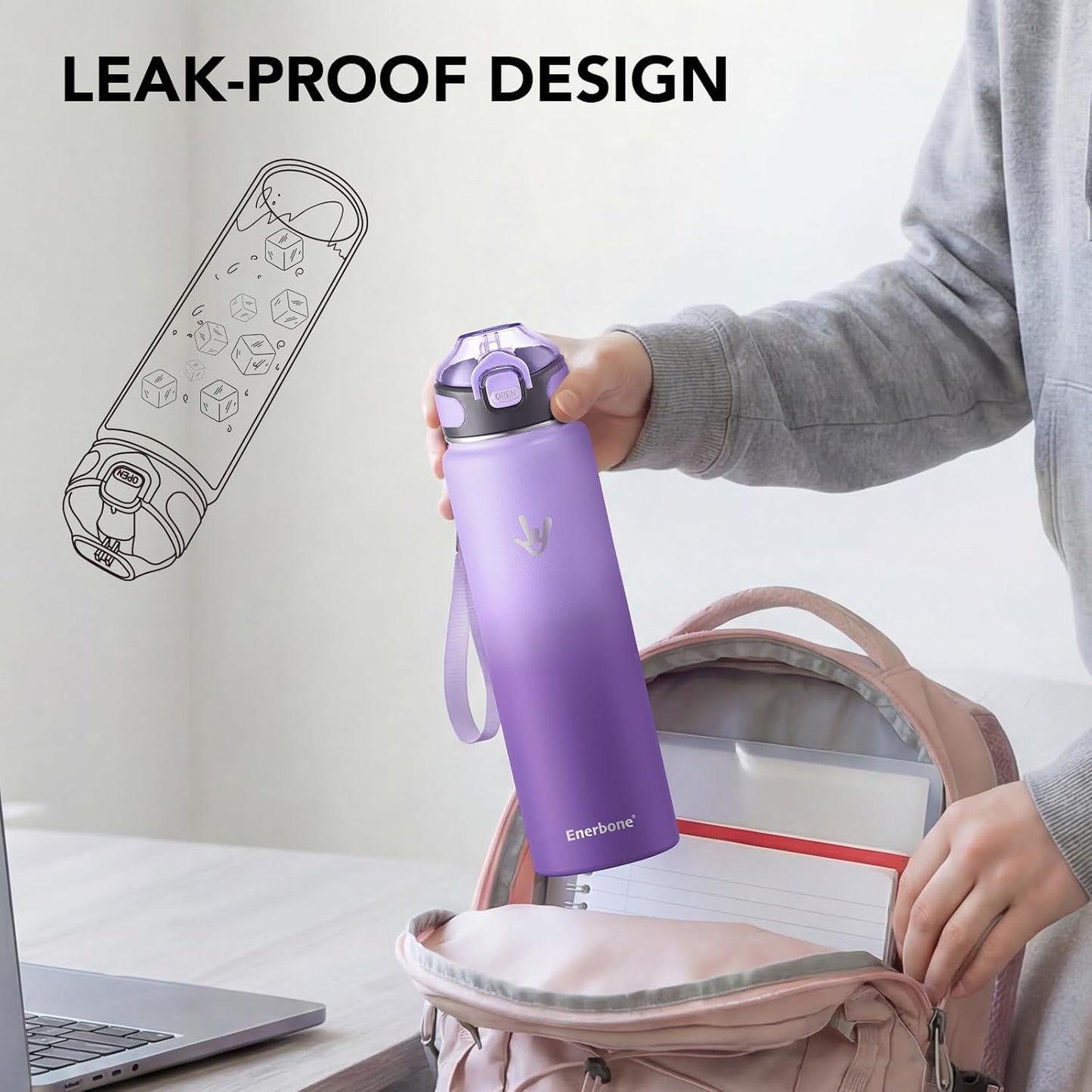 Enerbone 24 oz Insulated Water Bottle, Stainless Steel Bottle with Carrying Strap, Double-Wall Vacuum Insulation Design, Leakproof Sports Bottle with Straw, Keep Drinks Cold or Hot for Hours