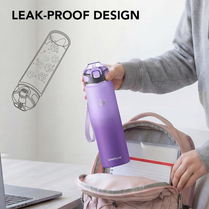 Enerbone 24 oz Insulated Water Bottle, Stainless Steel Bottle with Carrying Strap, Double-Wall Vacuum Insulation Design, Leakproof Sports Bottle with Straw, Keep Drinks Cold or Hot for Hours