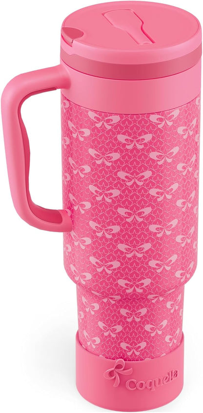 40 oz Insulated Tumbler with Handle and Push-Button Straw Lid, Stainless Steel Travel Cup for Gym Office, Leakproof, BPA-Free, Cup Holder Friendly, Bow Silicone Boot, Purple (Light Lilac)
