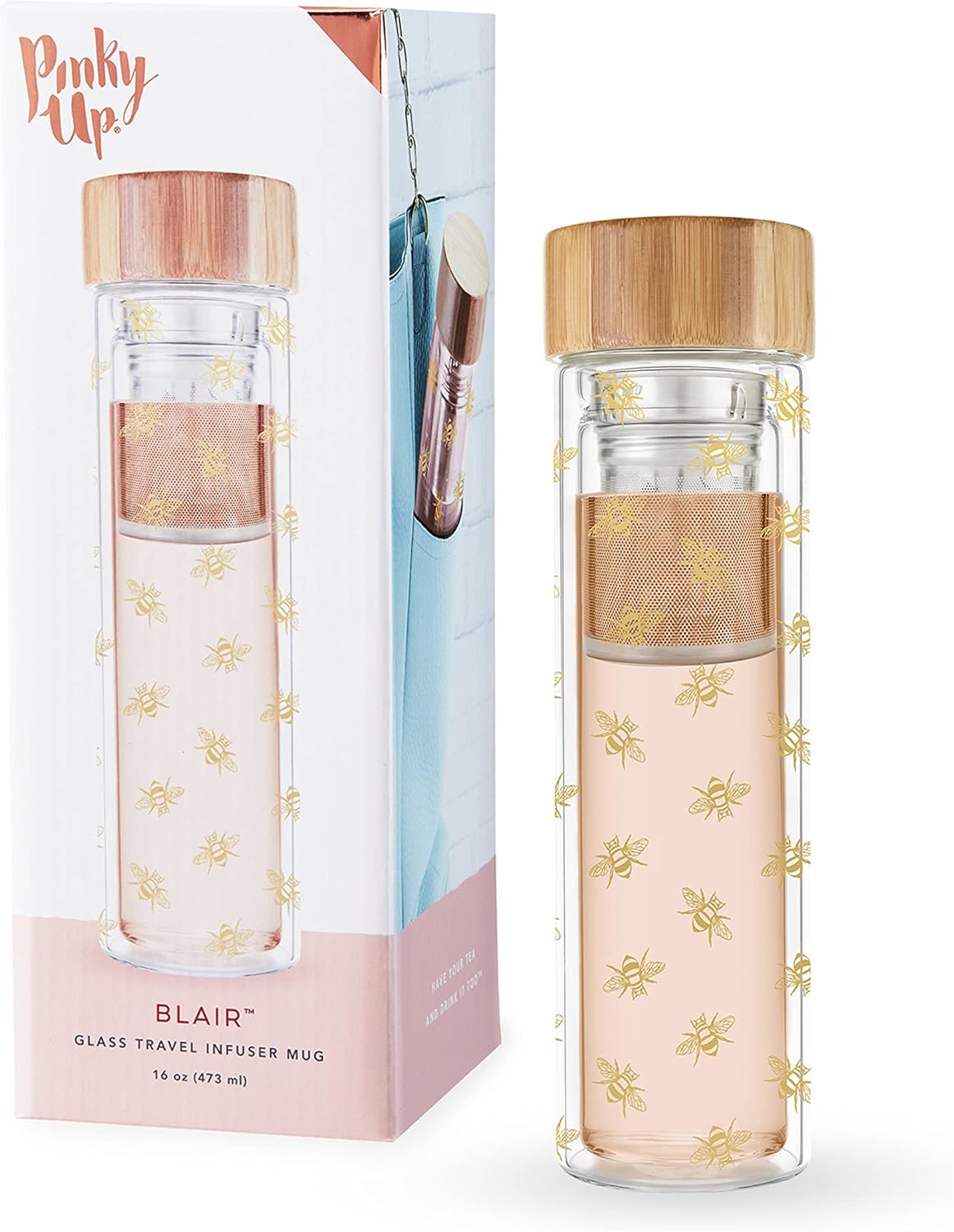 Pinky Up Blair Travel Tea Infuser Mug, Double Walled Insulated Travel Tumbler with Loose Leaf Tea Strainer, Travel Coffee Mug, Keeps Drinks Hot or Cold, 16 oz, White Leaf