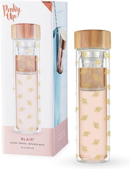 Pinky Up Blair Travel Tea Infuser Mug, Double Walled Insulated Travel Tumbler with Loose Leaf Tea Strainer, Travel Coffee Mug, Keeps Drinks Hot or Cold, 16 oz, White Leaf