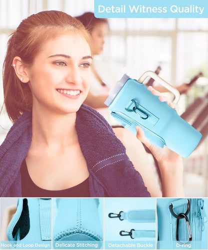 dabria Water Bottle Carrier Bag with Phone Pocket for Stanley 40/30 oz Tumbler Neoprene Water Bottle Holder Pouch with Adjustable Strap Bollus with Straw Cover for Stanley Cup Accessories