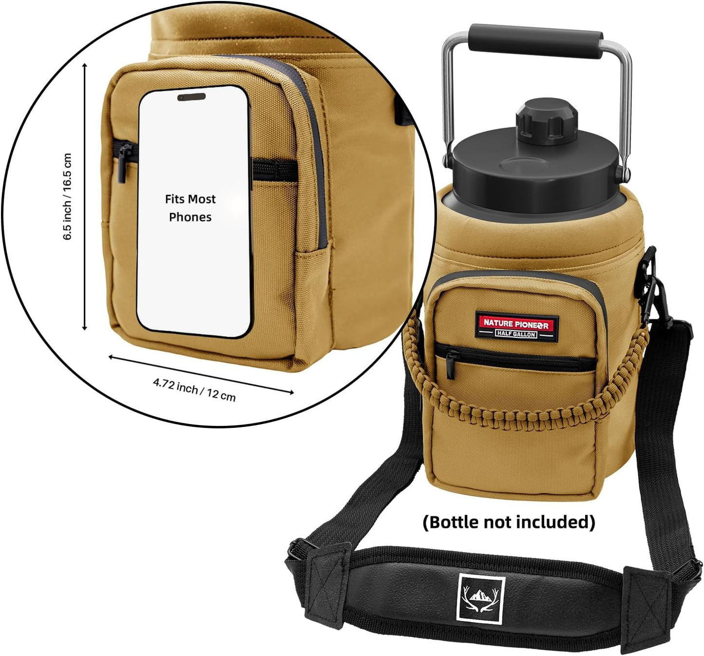 NATURE PIONEOR Water Bottle Holder with Adjustable Strap - Half/One Gallon (64/128oz) Insulated Water Bottle Sling Carrier with Phone Pocket & Paracord Handle, Outdoor Camping, Hiking, Gym