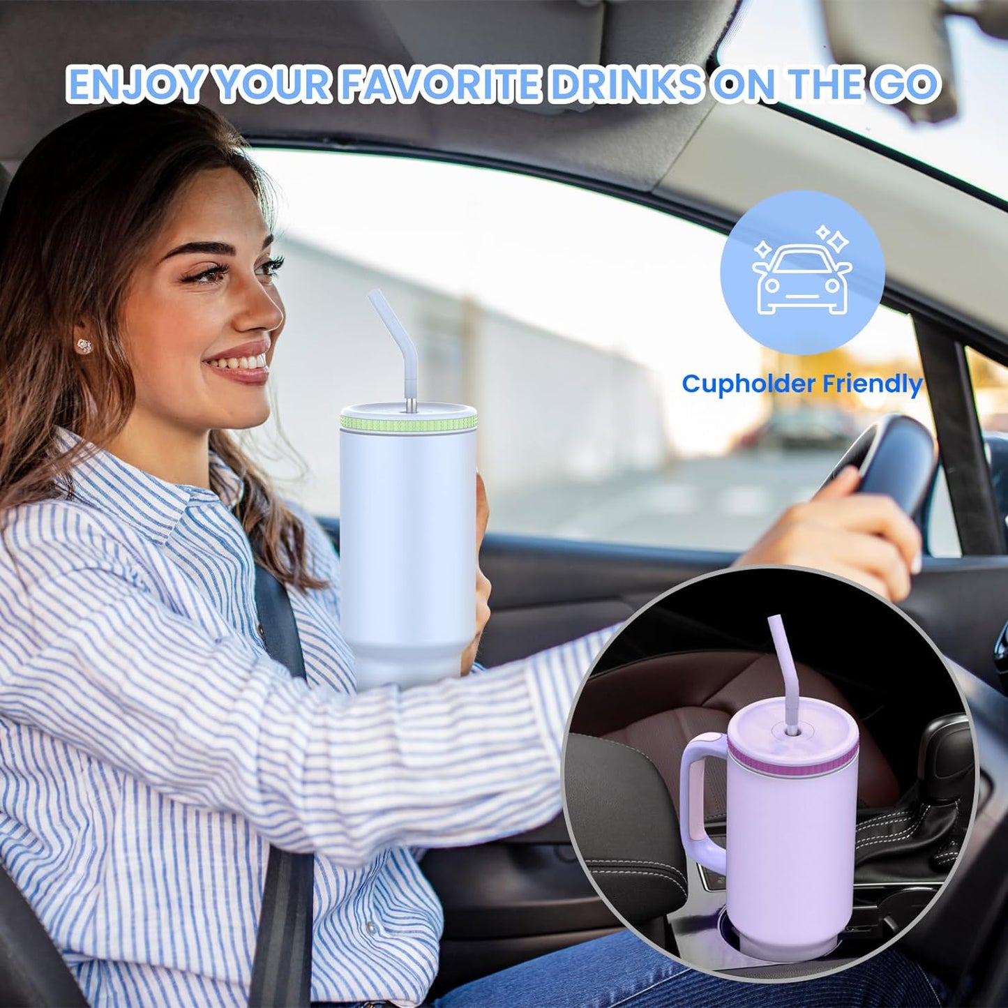 Zukro 40 oz Tumbler with Handle and Straw, Vacuum Insulated Stainless Steel Cup Fits in Cupholder for Travel, Home, Office - No Sweat & Keep Drinks Cold - Dishwasher Safe & BPA Free