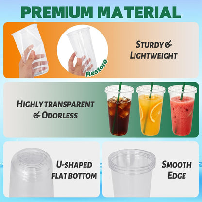 Qinsihwn 25 Set 16oz Plastic Cups with Flat Lids and Straws,Disposable Plastic Iced Coffee Cup,Disposable Clear Drinking Cups for Cold Beverages,Milkshakes,Smoothies