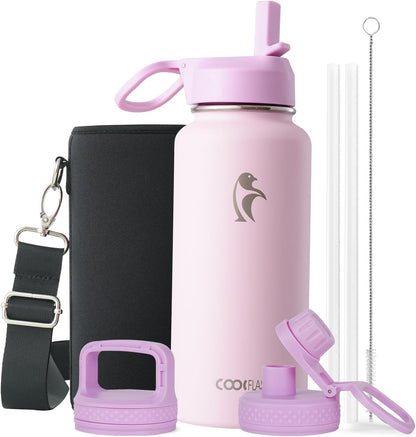 Half Gallon Water Bottle Insulated with Straw & 3 Lids, Coolflask 64 oz Water Jug Large Metal Stainless Steel Wide Mouth for Sports, Gym or Office, Non-BPA Keep Cold 48H Hot 24H, Samurai Cyan