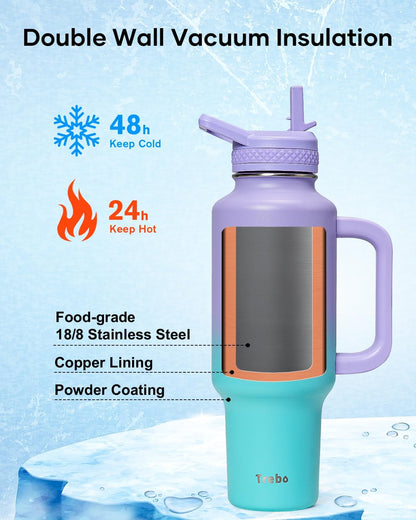 Trebo 40 oz Water Bottle Insulated Fit Car Cup Holder with Handle, Stainless Steel Water Bottles Tumbler with Spout Straw Lids, Double Wall Travel Reusable Flask, Leakproof Mug,Keep Cold &Hot,Black