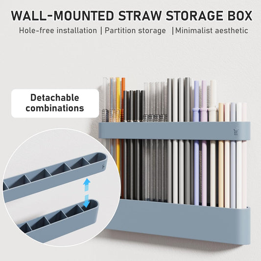 ABLY Straw Holder, reusable straw storage rack, suitable for kitchen walls, counters, cabinet doors, refrigerator doors, etc (Dark blue)
