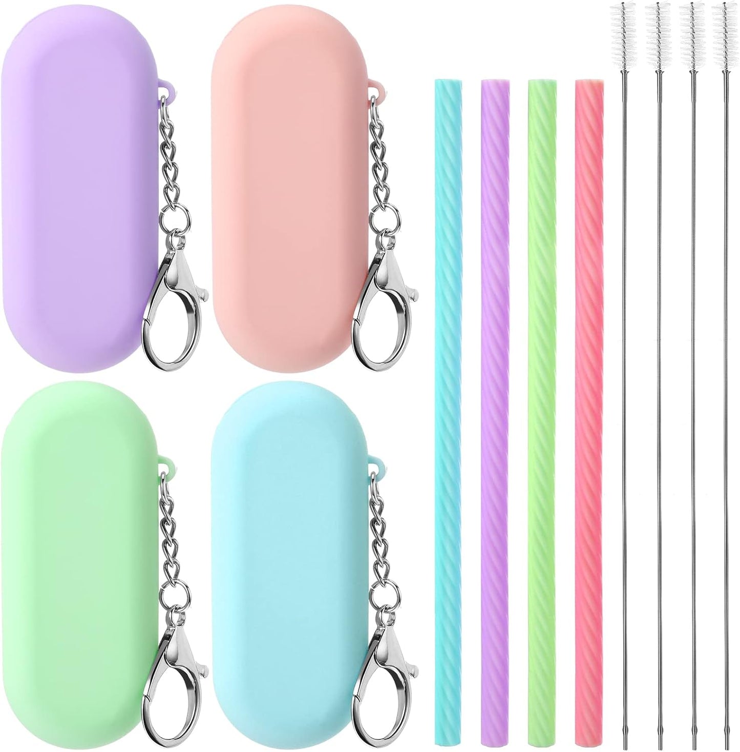 Meanplan 4 Sets Cruise Ship Essentials,4 Set Silicone Straws with Case Reusable Silicone Portable Drinking Straw Set for Party Travel Cold or Hot with 4 Carry Case, 4 Cleaning Brushes (Classic Color)