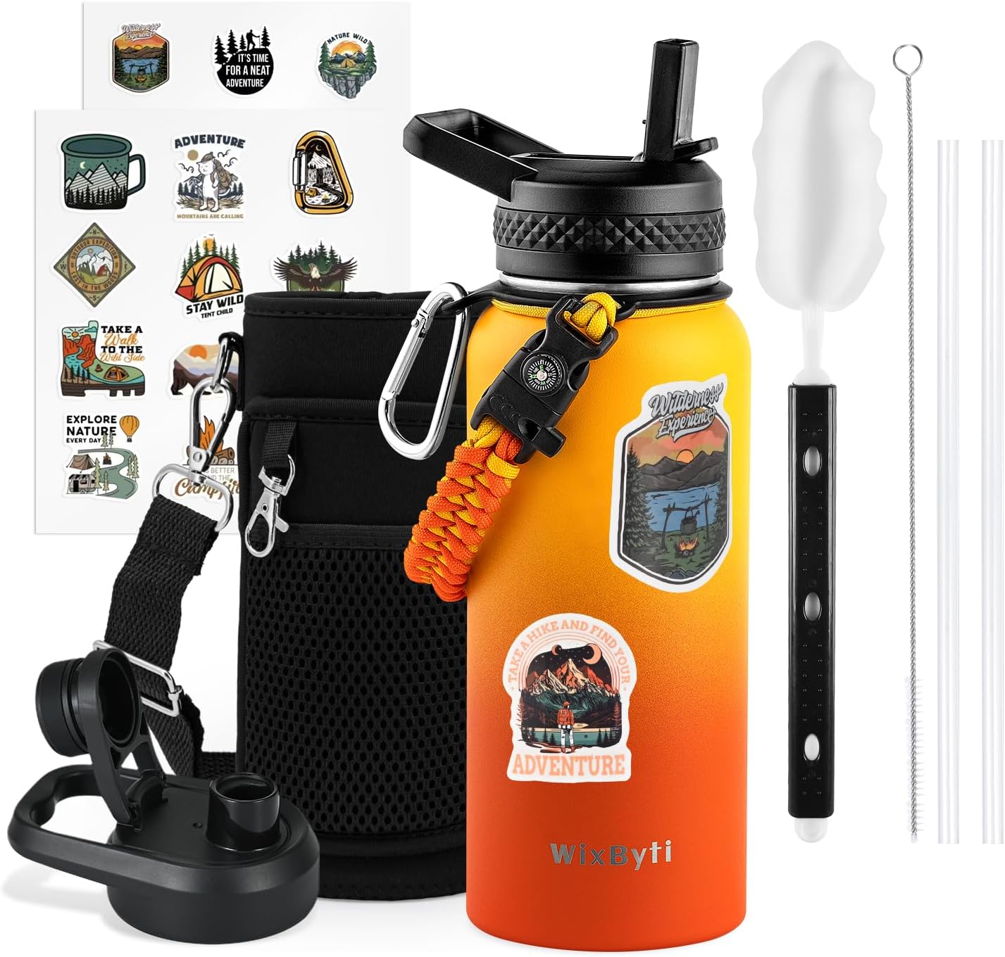 WixByti 40 oz Insulated Water Bottle with Straw (Cold for 36 Hrs), Stainless Steel Triple Wall Vacuum Sports Water Jug, Leakproof Hydro Cup Flask with Paracord Handle & Straw Spout Lids & DIY Stickers