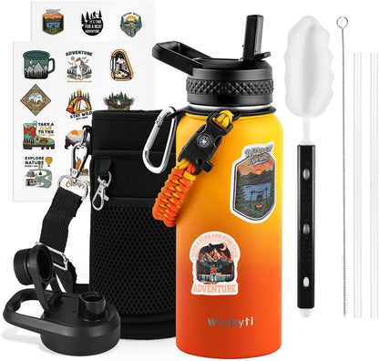 WixByti 40 oz Insulated Water Bottle with Straw (Cold for 36 Hrs), Stainless Steel Triple Wall Vacuum Sports Water Jug, Leakproof Hydro Cup Flask with Paracord Handle & Straw Spout Lids & DIY Stickers