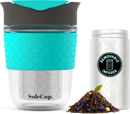 Travel Mug Loose Tea Infuser - Detachable Tea Strainer with Spillproof Lid - BPA-Free Reusable Glass Travel Coffee Cup with Silicone Band (Ice Cream, 12oz)