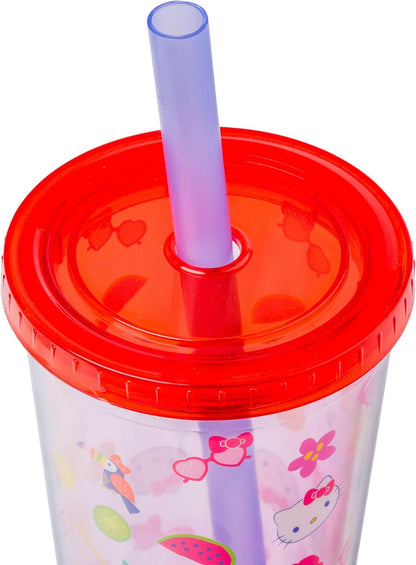 Silver Buffalo Sanrio Hello Kitty Milk Carton Pattern Plastic Boba Tumbler w Lid and Wide Straw, 24 Ounces