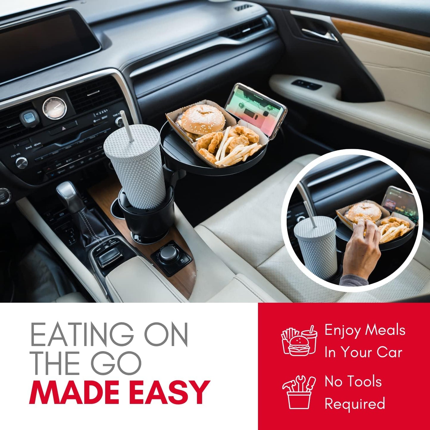 Macally Car Cup Holder Tray and Cup Holder Expander with Phone Slot - Enjoy Your Meal - 9" Car Food Tray Table and Drink Holder for Yeti, Hydroflask, etc.