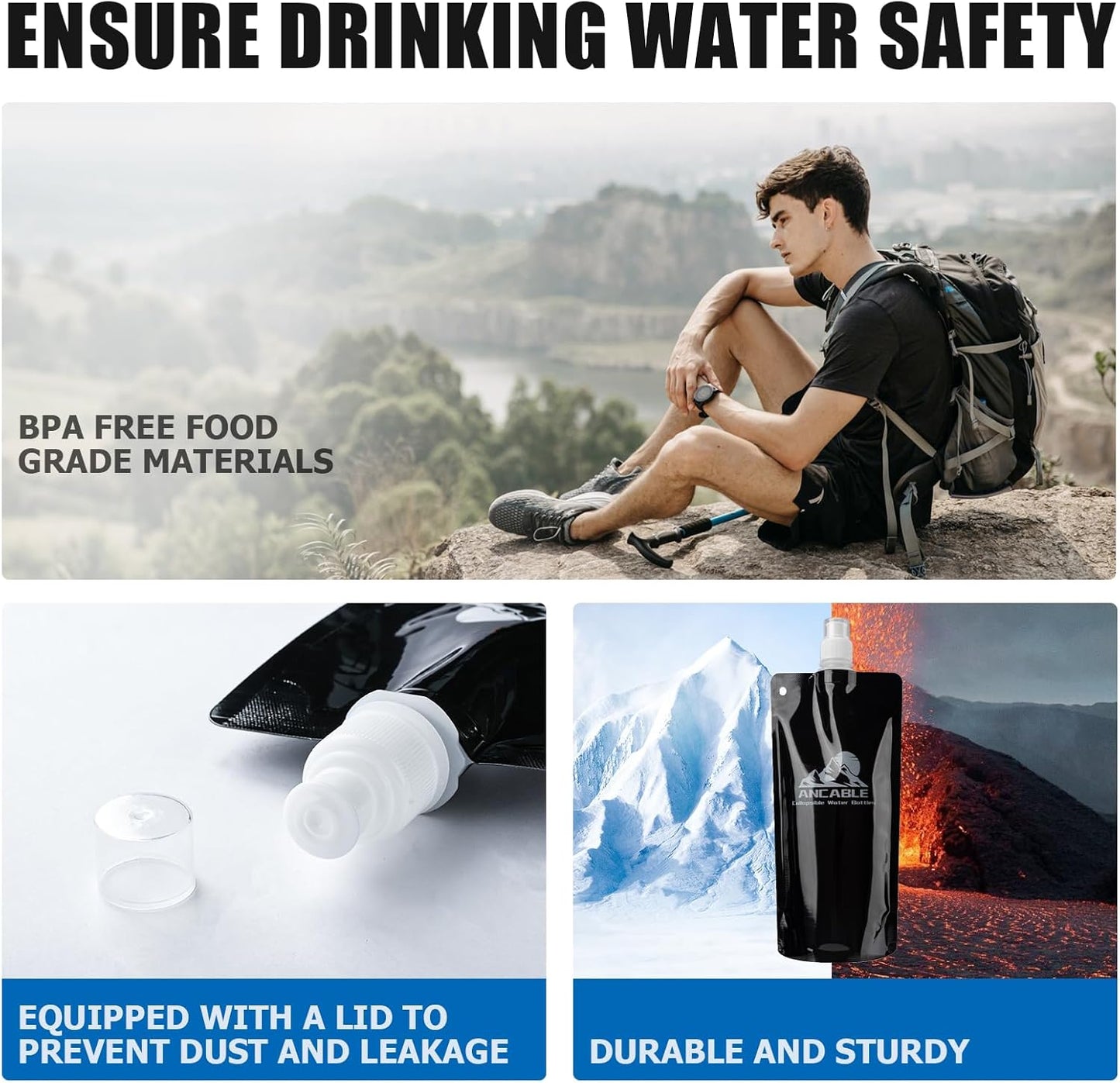 Ancable 33oz (1L) Collapsible Water Bottles, 3-Pack Reusable Travel Foldable Water Bottles for Hiking Camping Running Bike, BPA-Free Water Bottle