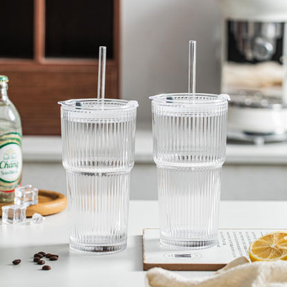 INSETLAN 20 oz Ribbed Glass Tumblers with Lids and Glass Straws – 4-Piece Glassware Set, Thickened Wall, Ideal for Iced Coffee, Smoothies, Cocktails, and Juices – Elegant and Durable Drinkware