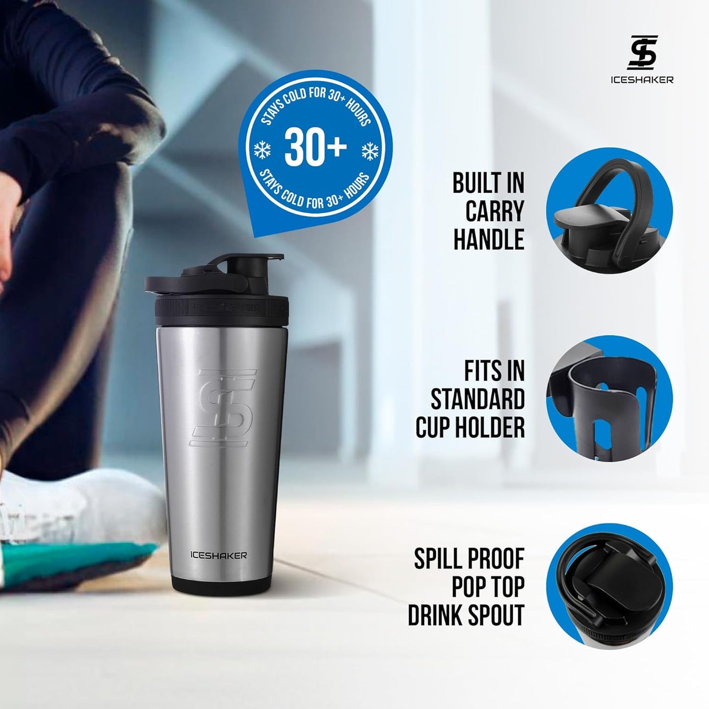 Ice Shaker Insulated Stainless Steel Shaker Bottle | 26oz, Black | Cold for 30+ Hours | Insulated Cup with Twist-on Agitator | Odor-Free Bottle for Protein Shakes, Water, Smoothies, Cocktails