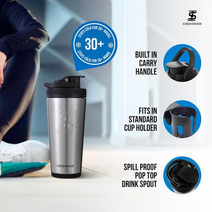 Ice Shaker Insulated Stainless Steel Shaker Bottle | 26oz, Black | Cold for 30+ Hours | Insulated Cup with Twist-on Agitator | Odor-Free Bottle for Protein Shakes, Water, Smoothies, Cocktails