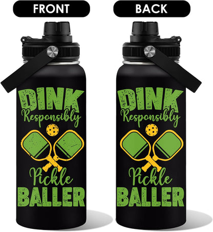 Pickleball Water Bottle 32oz | Insulated Stainless Steel Travel Tumbler with Lid Leak-Proof Keep Hot or Cold, BPA-Free |Dink Responsibly Gifts for Pickleball Lovers
