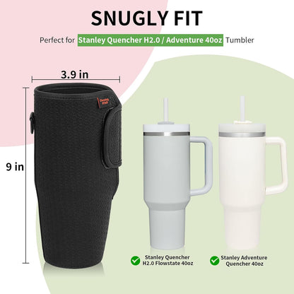 Water Bottle Carrier for Stanley Quencher 30oz Tumbler Cup Water Bottle Holder with Strap Neoprene Protective Tumbler Carrying Bag for Hiking Fitness Travelling - Black