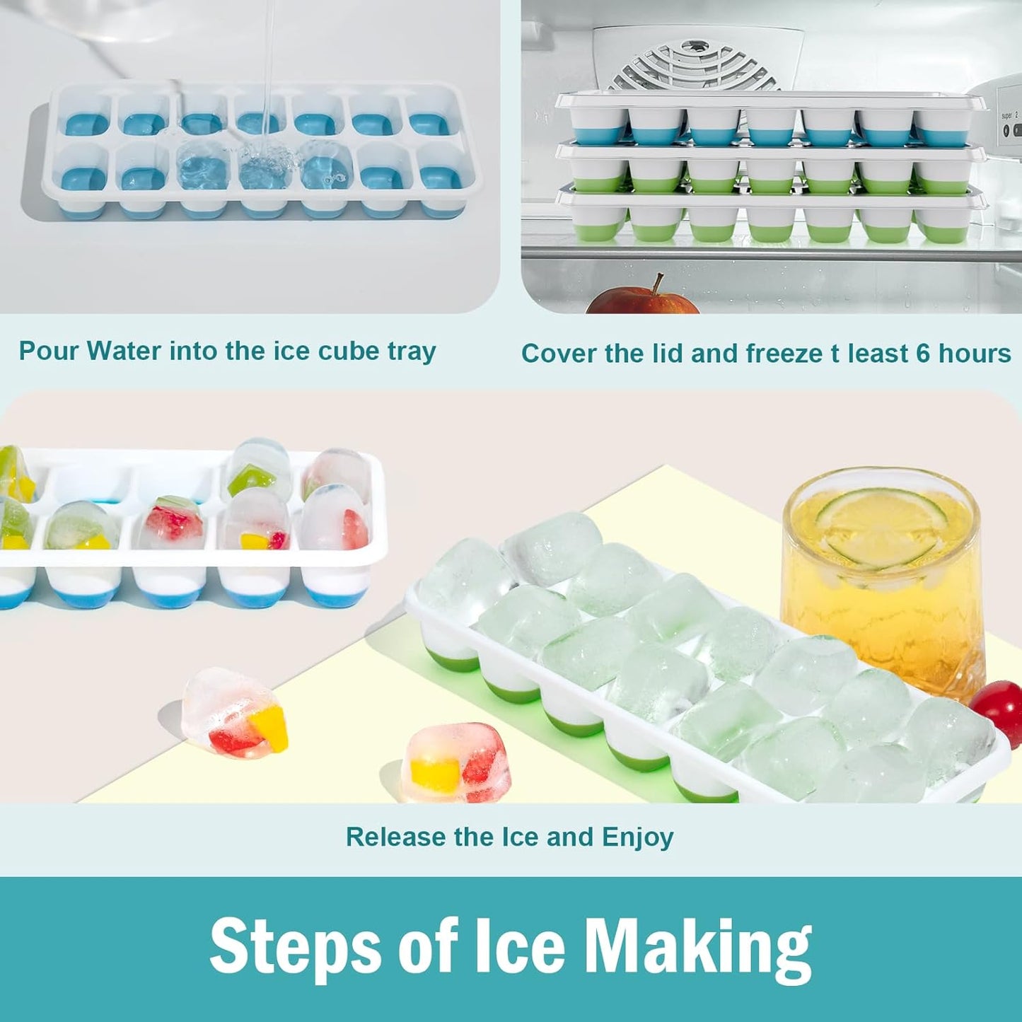 3 Pack Ice Cube Trays with Lid for Freezer, Flexible Silicone Bottom for Easy Release, Stackable Space-Saving Ice Molds, 1.2" Cubes Color-Coded (2 Green 1 Blue) for Juice, Coffee & Cocktails, BPA Free