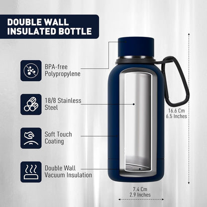 Exllena Slim Insulated Water Bottles for Travel 18oz with Clip, Double Wall Vacuum Stainless Steel Water Bottle Keeps Drinks Cold 24 Hrs/Hot 12 Hrs, 100% Leakproof, BPA Free(Black)