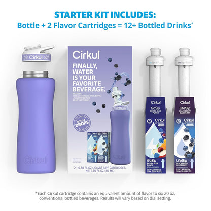 Cirkul 32oz. Chameleon Stainless Steel Water Bottle Starter Kit with Green Lid, 2 Flavor Cartridges (1 LifeSip Blackberry Blueberry, 1 GoSip Berry Blue Punch) No Sugar, Zero Calorie Drink Mix