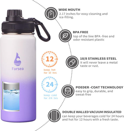 Farsea Insulated Water Bottle With Paracord Handle, Protective Silicone Boot and 2 Lids (Straw Lid & Spout Lid), Stainless Steel Water Bottle Wide Mouth, Double Wall Sweat-Proof BPA-Free, 24 oz
