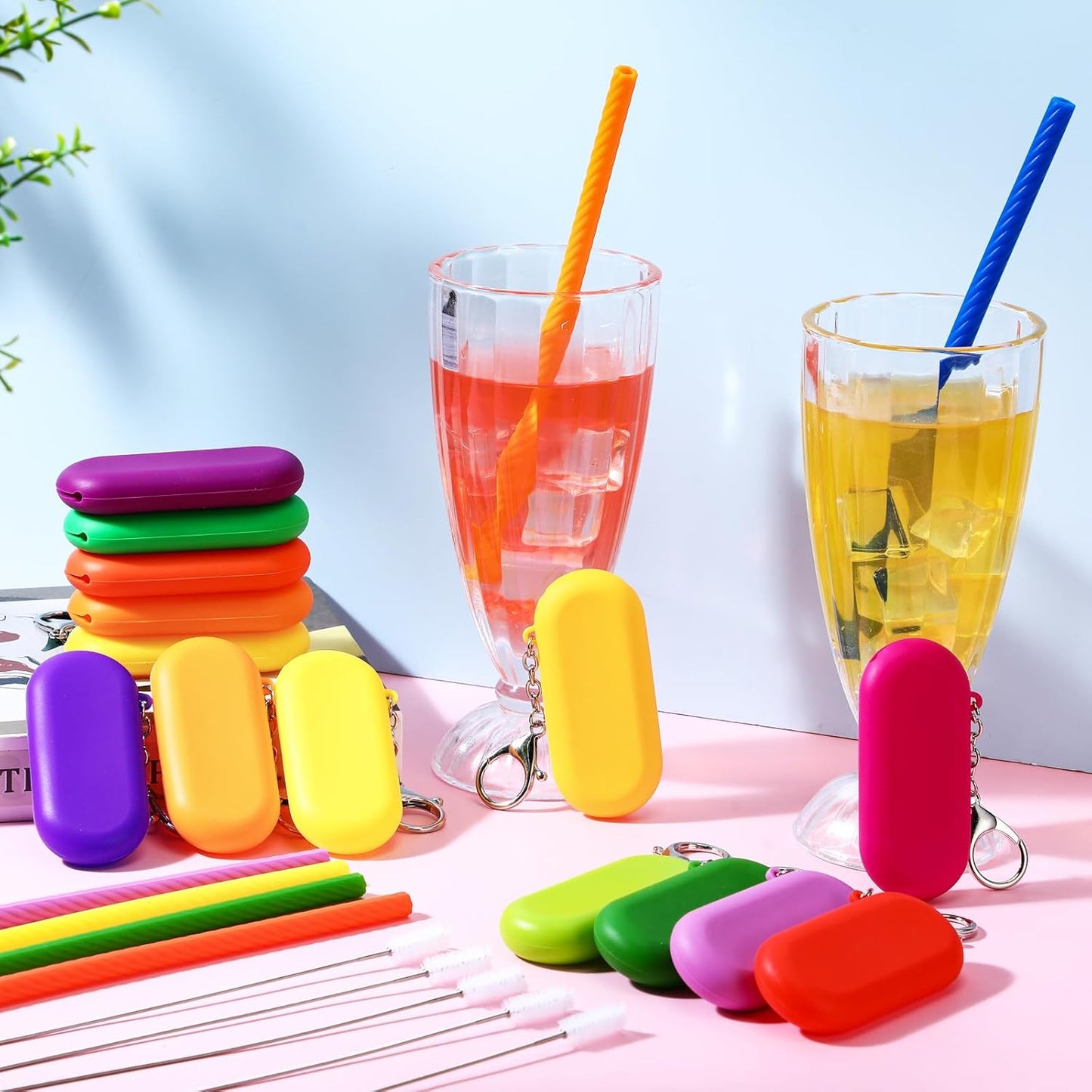 Irenare 20 Sets Silicone Straws with Case Reusable Collapsible Foldable Travel Portable Straw Cold or Hot Drinking with Carry Case, Long Cleaning Brush and Keychain, 10 Colors(Classic)