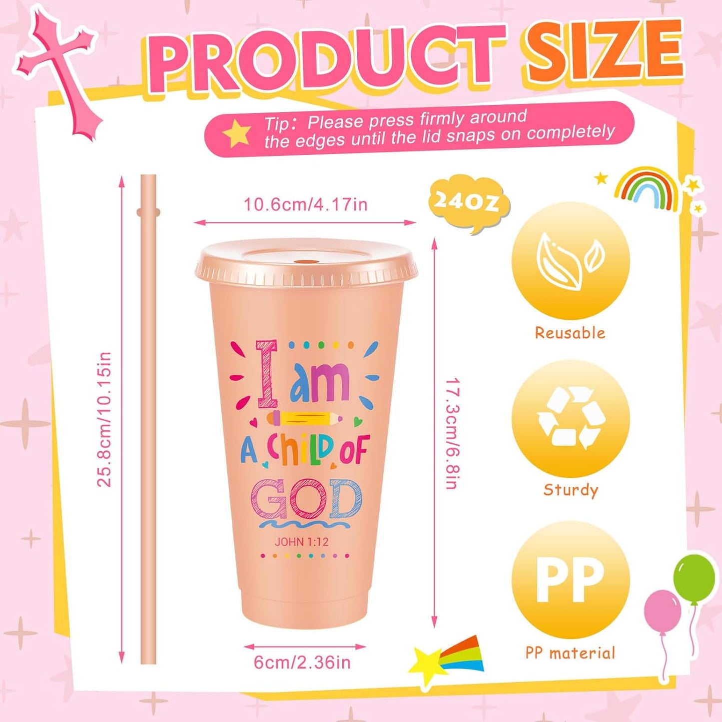 Uiifan 10 Pcs Christian Tumblers with Straws for Kids, Bible Verse Cups for VBS, Sunday School, Church Party Favors and Faith Gifts, Reusable Plastic Tumblers with Lids, 24 oz, White