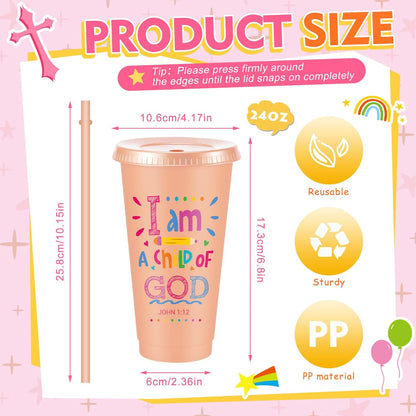 Uiifan 10 Pcs Christian Tumblers with Straws for Kids, Bible Verse Cups for VBS, Sunday School, Church Party Favors and Faith Gifts, Reusable Plastic Tumblers with Lids, 24 oz, White